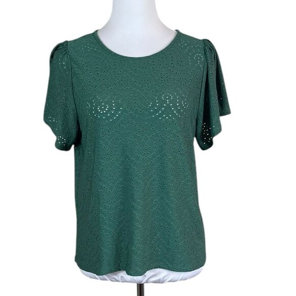 W5 Green Flutter Sleeve Perforated Top, Size M - Picture 1 of 5